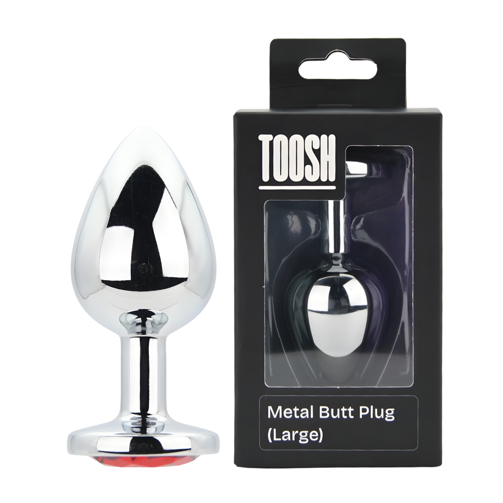 Plug anal metalic argintiu cu piatră roșie, mare, Toosh