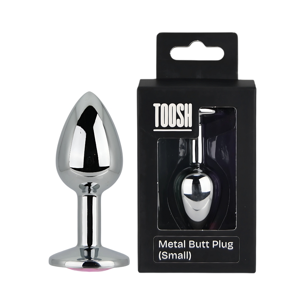 Plug anal metalic argintiu cu piatră roz, mic, Toosh