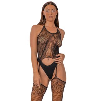 Bodystocking din dantelă cu jartiere, negru, Lace by LJ
