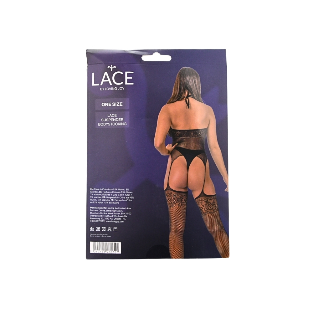Bodystocking din dantelă cu jartiere, negru, Lace by LJ - imagine 6