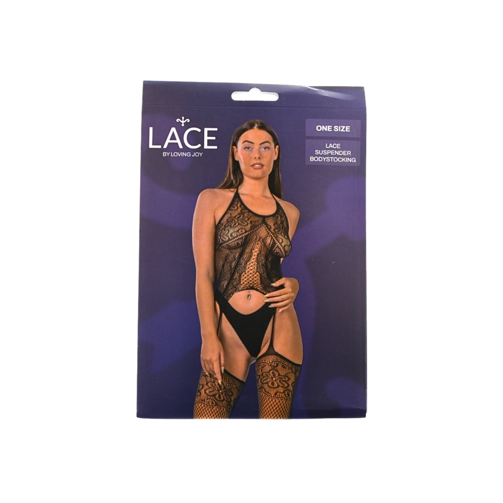 Bodystocking din dantelă cu jartiere, negru, Lace by LJ - imagine 5