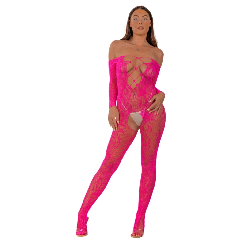 Bodystocking cu șireturi în față, roz fucsia, Lace by LJ - imagine 2