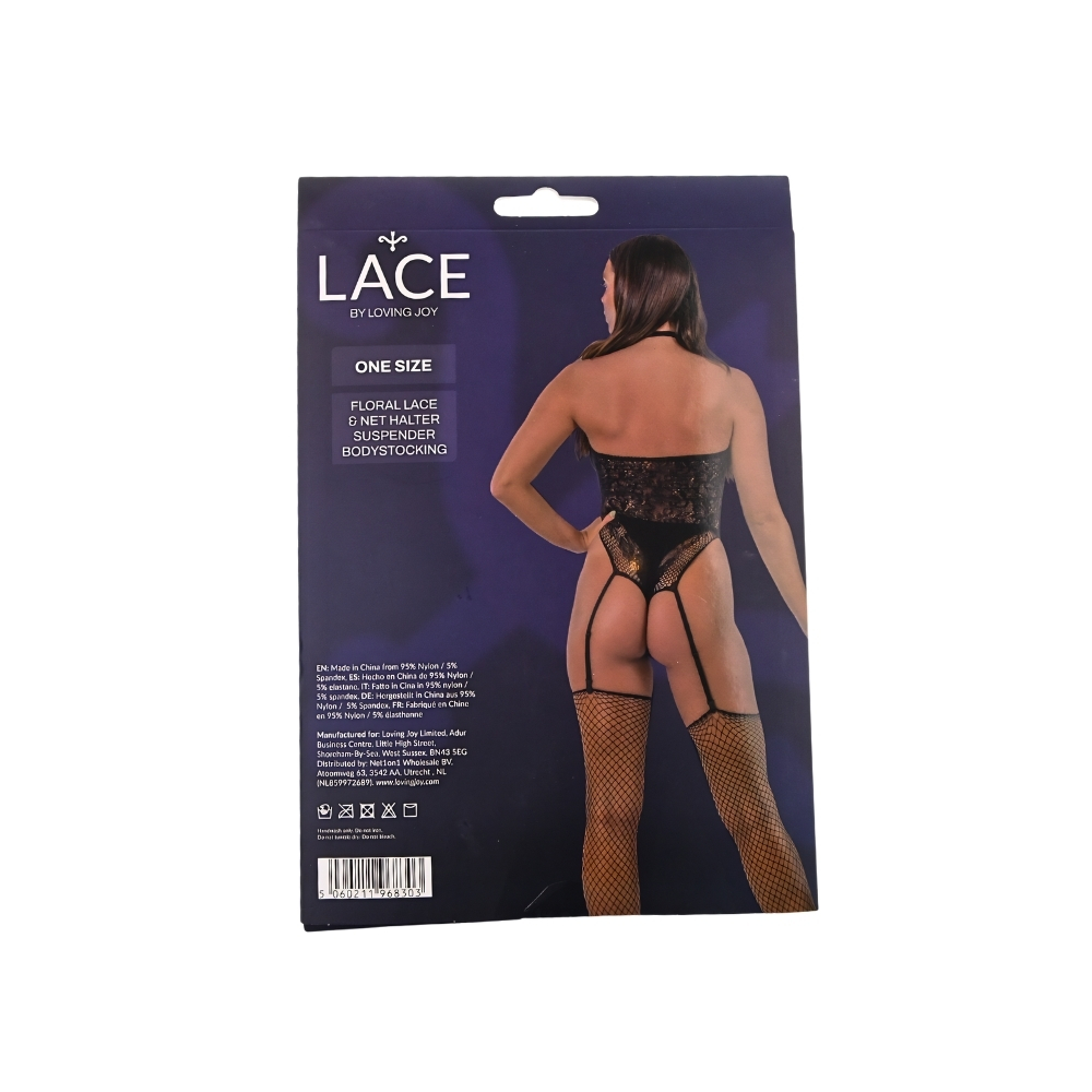 Bodystocking cu dantelă florală și jartiere, guler halter, negru, Lace by LJ - imagine 6