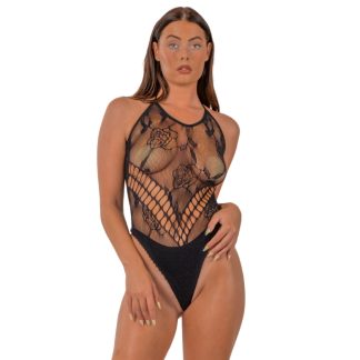 Body cu guler halter din dantelă florală, negru, Lace by LJ