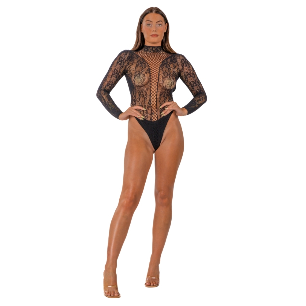 Body cu guler înalt din dantelă, negru, Lace by LJ - imagine 2