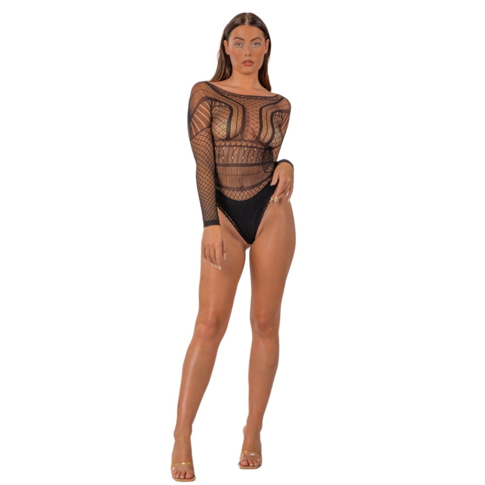Body din dantelă fără cusături, mâneci lungi, negru, Lace by LJ - imagine 2