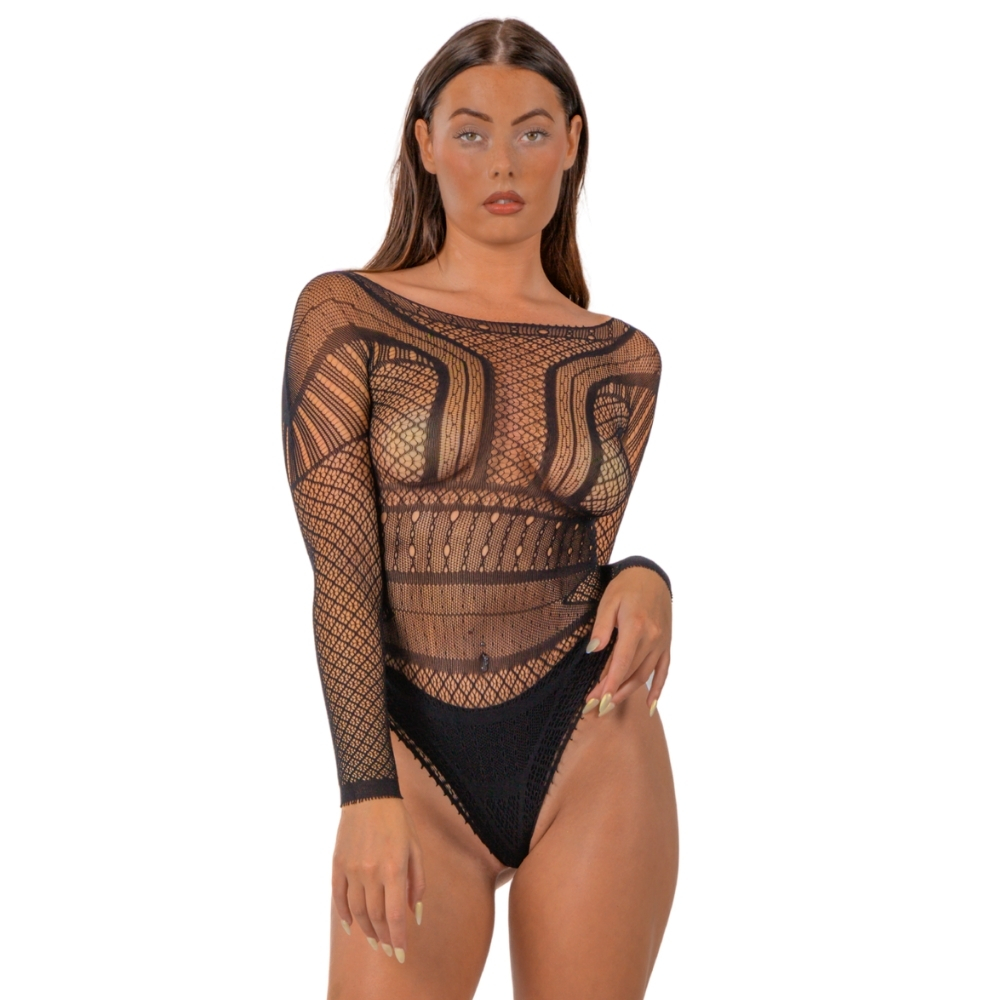 Body din dantelă fără cusături, mâneci lungi, negru, Lace by LJ