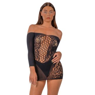 Rochie mini cu umeri goi, neagră, Lace by LJ