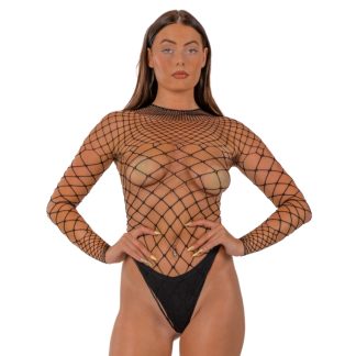 Body cu plasă tip gard, mâneci lungi, tip tanga, negru, Lace by LJ