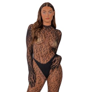 Catsuit cu mănuși, model leopard, negru, Lace by LJ