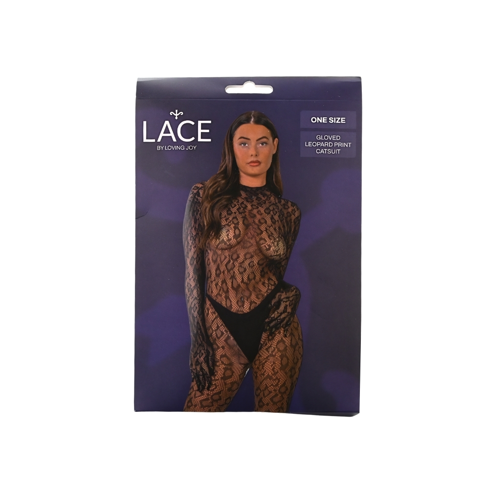 Catsuit cu mănuși, model leopard, negru, Lace by LJ - imagine 5