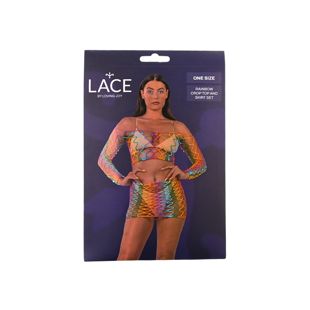 Set crop top și fustă, model curcubeu, Lace by LJ - imagine 5
