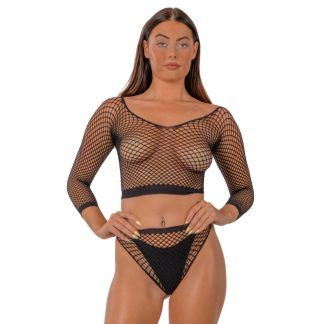 Set crop top și chiloți plasă, roz fucsia, Lace by LJ