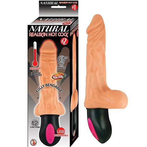 Dildo vibrator care se încălzește, 16,5cm, cu testicule, culoare piele